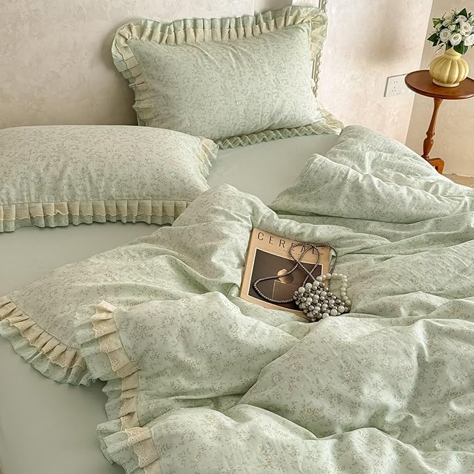 BuLuTu Ruffled Lace Duvet Cover Set Full, Romantic Green Floral Bedding Set 100% Muslin Cotton Coquette Aesthetic Flower Comforter Cover Shabby Chic Cute Duvet Cover with Zipper Closure