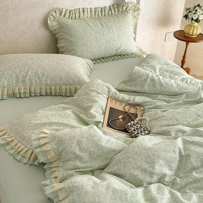 BuLuTu Ruffled Lace Duvet Cover Set Full, Romantic Green Floral Bedding Set 100% Muslin Cotton Coquette Aesthetic Flower Comforter Cover Shabby Chic Cute Duvet Cover with Zipper Closure