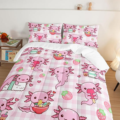 HOSIMA Axolotl Comforter Set Full Size for Kids Girls,Pink Cartoon Axolotl Eat Dessert Printing Bedding Set Full Size for Princess Bedroom Decor with Two Pillowcases.