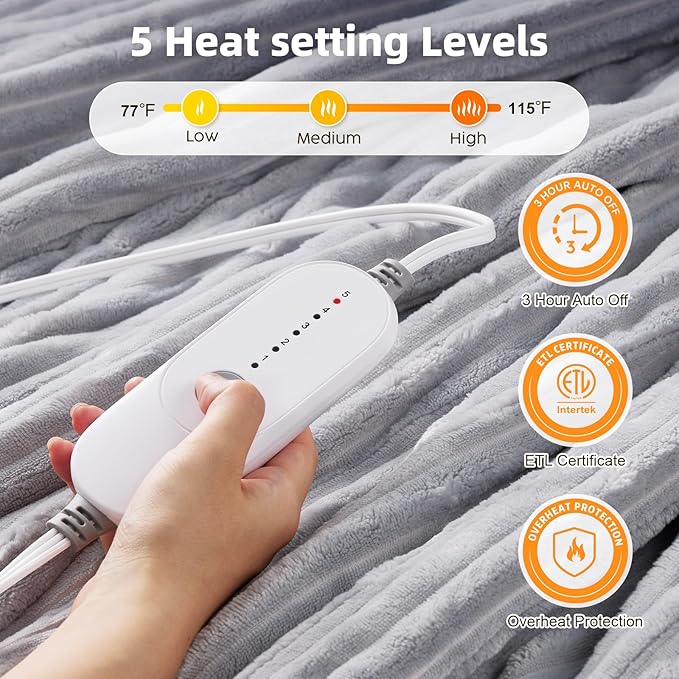 HYLEORY Heated Blanket Electric Throw, Soft Flannel Sherpa Heater 5 Heat Settings and 3 Hours Auto Shut-Off Heating Blanket ETL Certification Over-Heat Protection Machine Washable,Grey