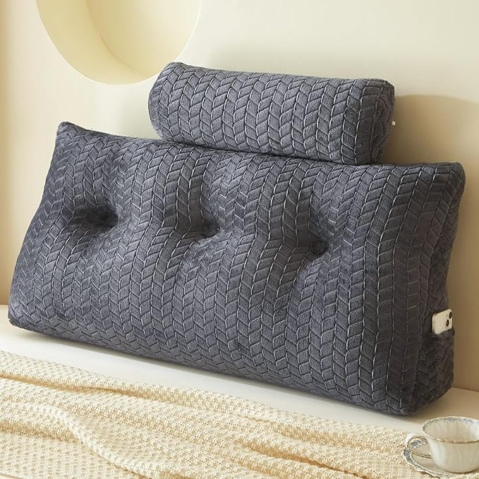 YOUR MOON Wedge Headboard Pillow Twin with 1 Pack Neck Roll Pillow, Triangular Wedge Backrest Pillows Headboard for Bed,Daybed,and Lounging, Large Bed Bolster Pillows,Dark Gray