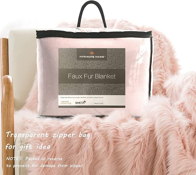 Pink Faux Fur Throw Blanket, Luxury Modern Blush Home Throw Blanket, Super Warm, Fuzzy, Elegant, Fluffy Thick Heavy Decoration Blanket Scarf for Sofa, Couch and Bed, 50''x 60''