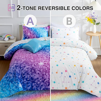 A Nice Night 6Pcs Gradient Abstract Art Grid Mosaic Geometric Bedding Set for Girls, Colorful Rainbow Galaxy Comforter Set, Ultra Soft Bedding Sets (PinkBlue,Twin 6Pcs)