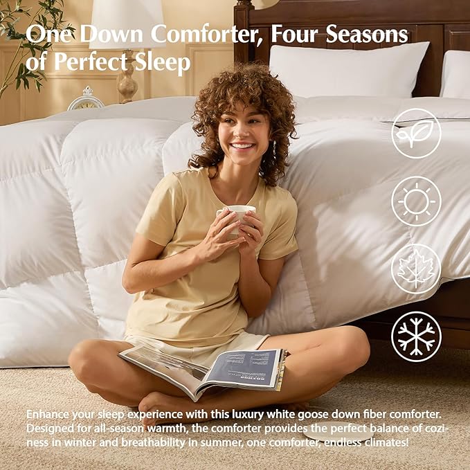 Pacific Coast Goose Feather Down Fiber Comforters Queen Size, Extra Fluffy White Duvet Insert, Ultra-Soft, Breathable, All Season Hotel Luxury Bedding Comforters, 8 Corner & Center Loops (90"x90")