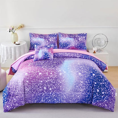 RYNGHIPY 6Pcs Girls Bedding Set Queen Size Purple Rainbow Comforter Set for Kids Teens Girls Glitter Bed in a Bag Lightweight Fluffy
