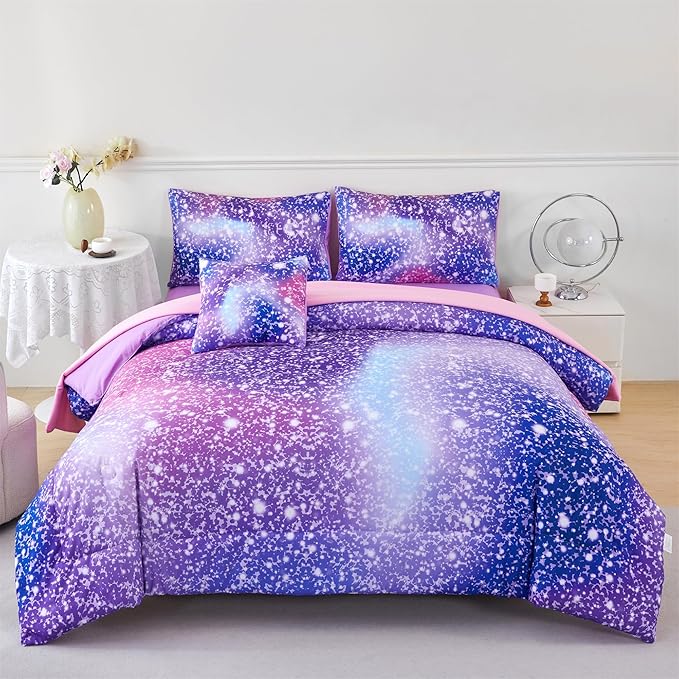 RYNGHIPY 6Pcs Girls Bedding Set Twin Size Purple Rainbow Comforter Set for Kids Teens Girls Glitter Bed in a Bag Lightweight Fluffy
