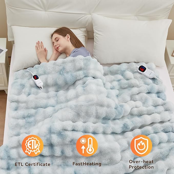 Heated Blanket King Size with 1/2/4/6/8 Hours Auto-Off 10 Heat Level, 90'' * 100'' Cozy Faux Rabbit Fur Bubble Electric Blanket with Overheat Protection(Tie-Dye Blue)