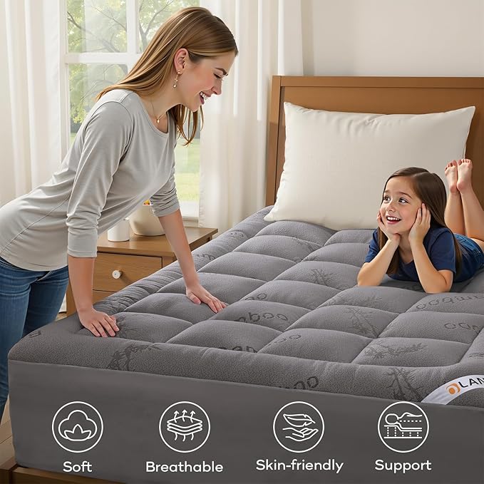 OLANLY Full Mattress Topper – Viscose Made from Bamboo, Cooling Soft Full Pillow Top Mattress Pad for Back Pain Relief, Plush Down Alternative Fill Bed Topper with Elastic Deep Pocket, Light Gray