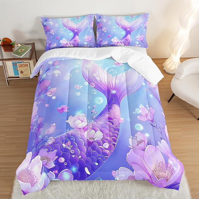 Pretty Mermaid Comforter Queen for Girls Kids, Mermaid Fish Scale Floral Pattern Bedding for Girls Bedroom Decor, Ocean Themed Comforter Bedding Set with 2 Pillowcases