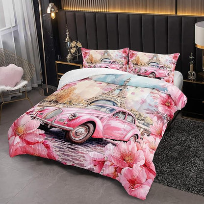 France Paris Eiffel Tower Comforter 3Pcs Full Pink Car Peach Blossom Bedding Set for Kid Teen Girl Boy Adult Aesthetic Cherry Flowers Floral Quilt Bed Decor with 1 Comforter and 2 Pillowcases