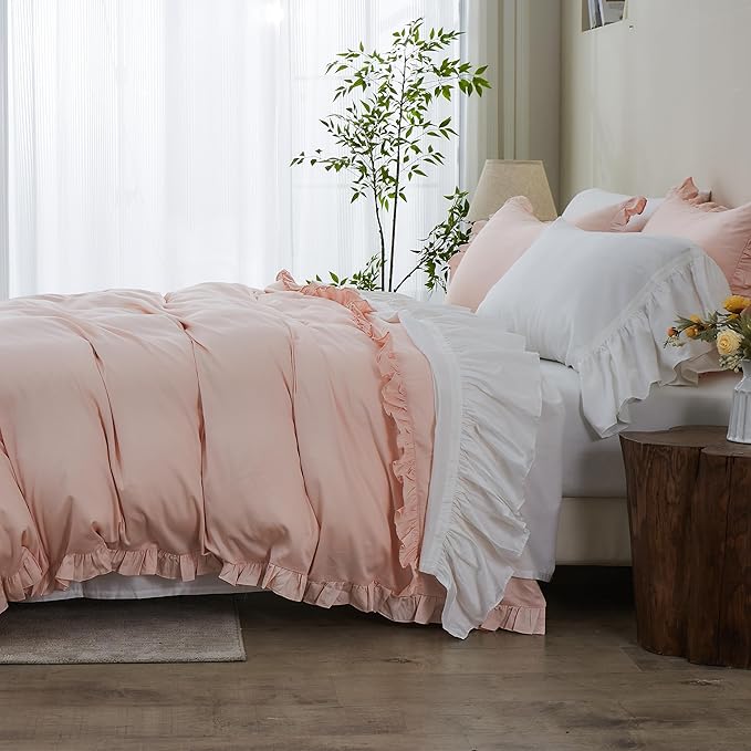 Simple&Opulence Kids 100% Organic Cotton Full Duvet Cover Ruffle 3Pcs(1 Comforter Cover 2 Pillowcases) Cute Lace Vintage Boho Shabby Chic Farmhouse Bedding Set Teen Girls(Peach Pink,Full)