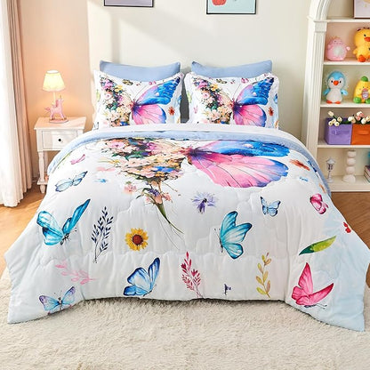 7 Piece Butterfly Comforter Set Twin Size 3D Colorful Floral Butterflies Bedding Set for Kids Girls Women for Birthday
