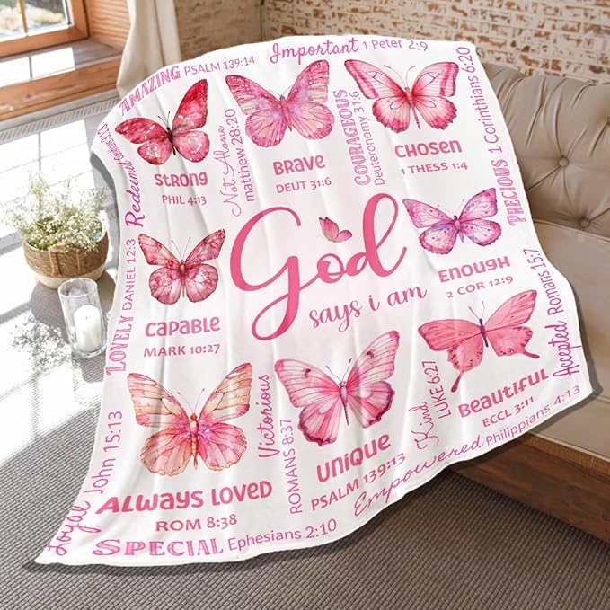 Christian Blanket, Butterfly Throw Blanket for Women Mom Girl,Catholic Gifts,Inspirational Faith Prayer Quilt with Bible Verse Scripture,Soft Flannel, Pink, 40" x 50"
