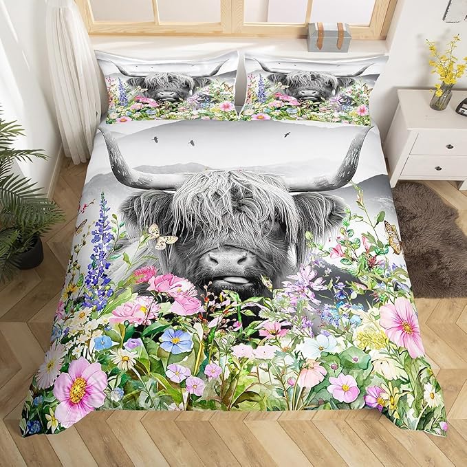 Highland Cow Duvet Cover Twin,Watercolor Flowers Cowhide Bedding Set for Kids Teens Girls Boys Room Decor,Rustic Farmhouse Comforter Cover Cute Animals Plants Quilt Cover with 1 Pillowcase