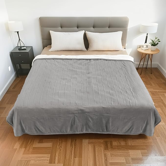 Electric Heated Blanket King Size 90"x100" - Dual-Sided with Microplush & Sherpa Fabric, 4 Heat Settings & 10 Hours Auto Off, Machine Washable - Light Gray