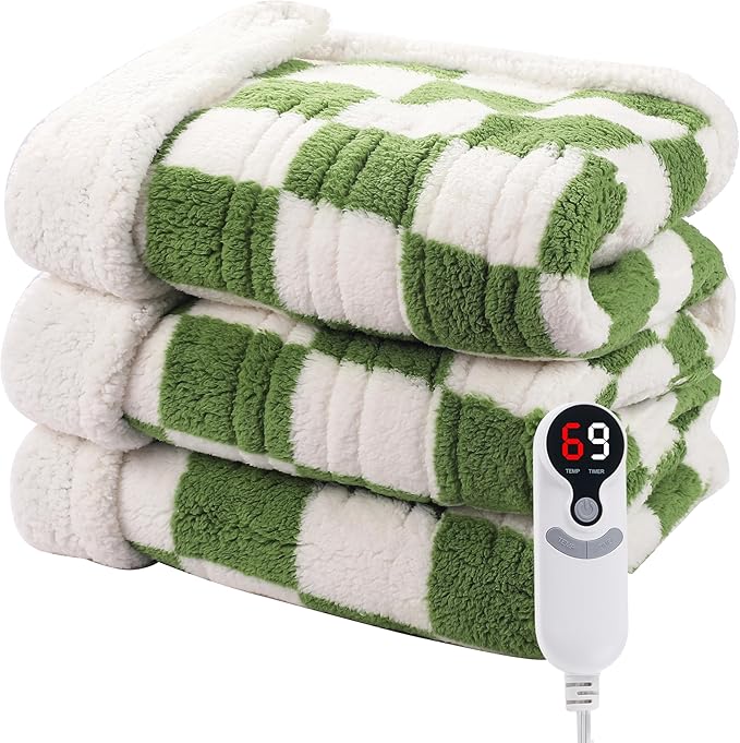 Electric Heated Blanket Full Size 72"×84" with 6 Heating Levels & 1-10Hs Auto Off, Checkered Plaid Heating Blanket Double Sided Sherpa, Fast Heating, Machine Washable for Christmas Gift Light Green