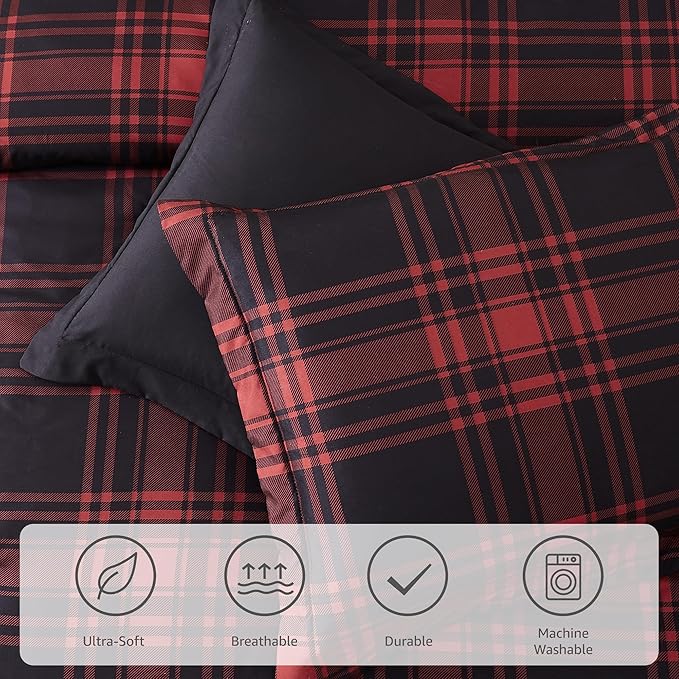 MaiRêve King Comforter Set, Classic Red Black Plaid Bedding Set 7 Pieces, Farmhouse Lightweight All Season Bed in a Bag with Sheets, Pillowcases & Shams
