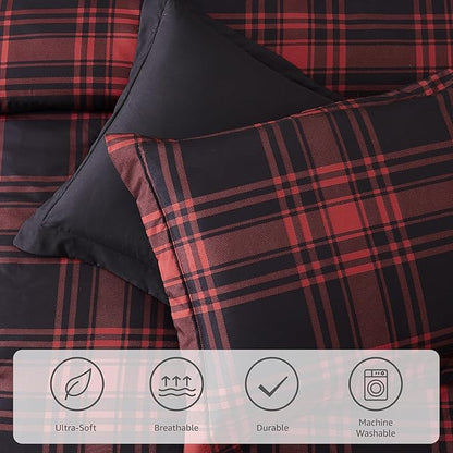 MaiRêve King Comforter Set, Classic Red Black Plaid Bedding Set 7 Pieces, Farmhouse Lightweight All Season Bed in a Bag with Sheets, Pillowcases & Shams