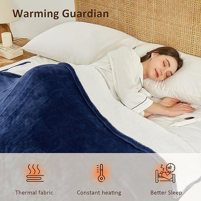 Heated Electric Blanket Twin Size - 62"x84" Flannel Heating Blanket with 10 Heating Levels & 5 Time Settings Over-Heat Protection, Winter Warmer for Adults with ETL Certification（Navy Blue）