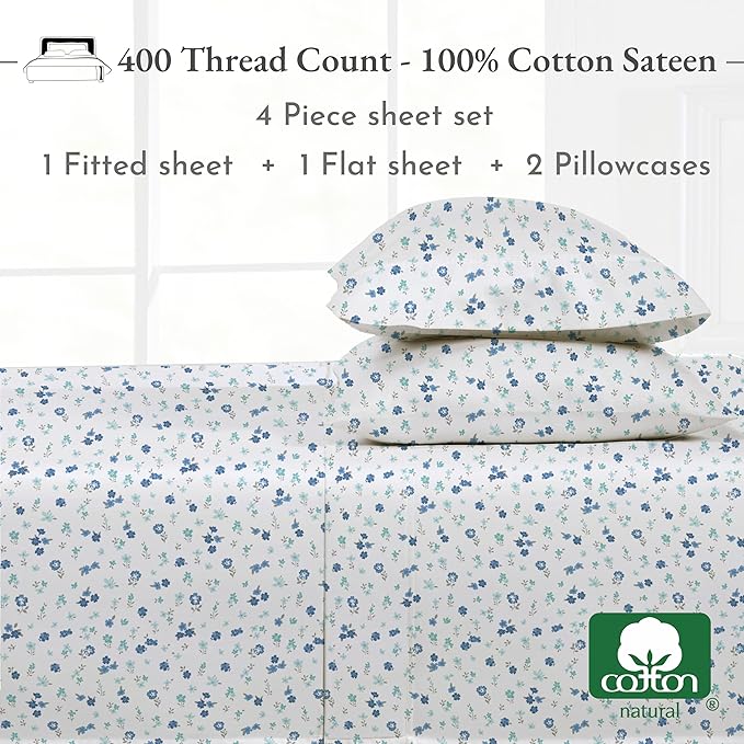 California Design Den Floral Pattern King Size Sheets Set - 400 Thread Count, Soft Sateen, Natural 100% Cotton Sheets, Deep Pockets, and Durable Bedding Set - Blooming Meadows