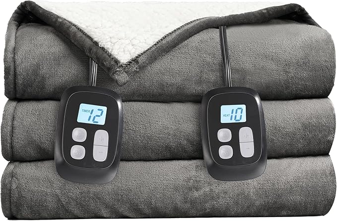 Electric Heated Blanket Queen Size - 84"x90", Soft Flannel Heating Blanket, 10 Heating Levels, 1-12 H Auto Shut Off, Dual Controllers, Breathable Warm and Washable for Bed, Light Grey