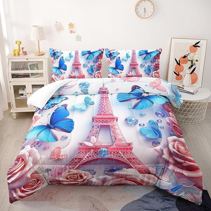 Paris Eiffel Tower Comforter 3Pcs Blue Butterfly Bedding Queen Rose Flower Bedding Set for Kid Teen Girl Boy Adult Bed Decor Colorful Diamonds Quilt with 1 Comforter and 2 Pillowcases