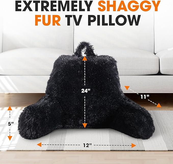 Cheer Collection Fluffy Reading Pillow Chair - Shaggy Hair Chair Pillow with Arms for Bed & Couch, Black