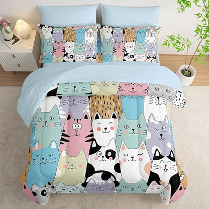 Cat Comforter Set 7 Piece King Size Bed in A Bag,Kawaii Bedding for Room Decor,Soft Cat Comforter Blue Cute Bedding with Fitted Sheet,Flat Sheet, Pillowcases & Shams