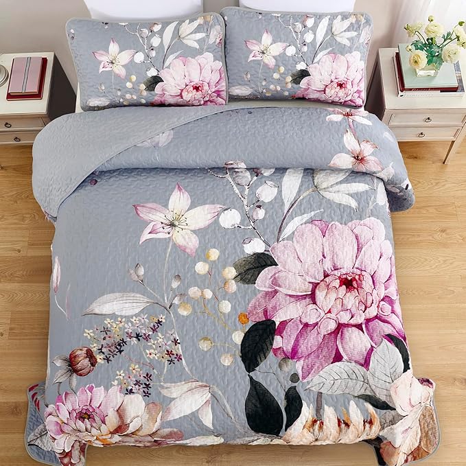 Drucon Floral Quilt King Size - 3 Pieces Grey Quilt Botanical Bedspread Soft Lightweight Flower Bedding Set for All Season (104"x90")