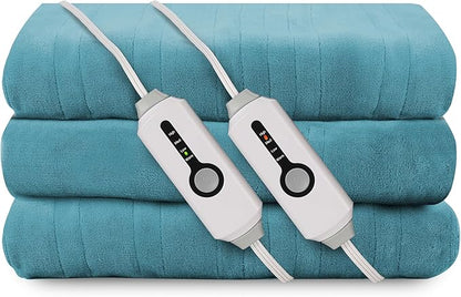 Electric Heated Blanket 90"x100" King Size, Soft Coral Fleece, Dual Controllers with 4 Heating Levels and 10 Hours Auto-Off, Machine Washable, Cozy Plush Fabric for Home, Teal