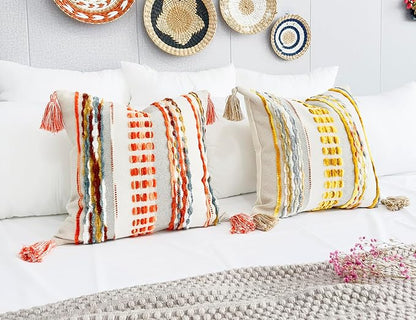 Boho Throw Pillow Covers 16x16 Aesthetic Neutral Boucle Couch Pillow Cover Rainbow Striped Decorative Accent Pillow Case for Couch Bed Sofa Farmhouse Bedroom,Modern Funky,Set of 2 Red