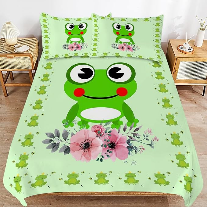 Frog Bedding Set Cartoon Frog Theme Comforter Set for Kids Teens Adults Women Men Green Frog Duvet Cover Bedroom Decor Soft King Size Quilt Cover with 2 Pillowcases