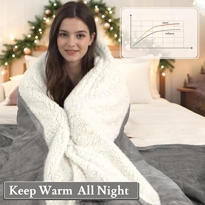 Electric Heated Blanket Flannel & Sherpa 62"x84" Twin Size - 4 Heat Levels 10H Auto Shut Off Fast Heating Cozy and Comfortable Warm Gifts, Machine Washable - Light Gray