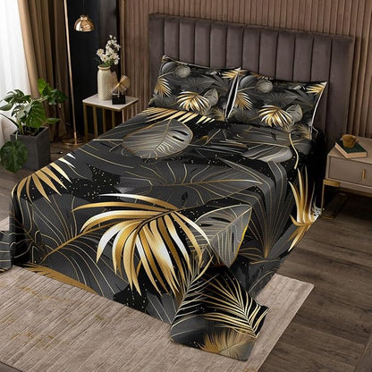 Erosebridal Palm Leaves Coverlet Set Twin Size,Tropical Bedspread for Teens Child Young,Botanical Jungle Bedding Set,Plant Tree Leaf Weed Decor Quilt Set Pastoral Style Bedroom Decor Gold Gray Black