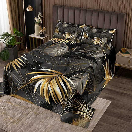 Erosebridal Palm Leaves Coverlet Set Twin Size,Tropical Bedspread for Teens Child Young,Botanical Jungle Bedding Set,Plant Tree Leaf Weed Decor Quilt Set Pastoral Style Bedroom Decor Gold Gray Black