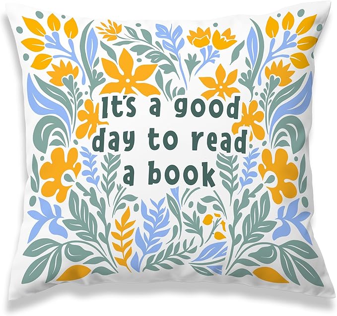 It's A Good Day to Read A Book Classroom Decorative Throw Pillow Covers, Floral Blue Reading Pillows Covers for Kids, Flower Pillow Cases Decor for Library Reading Nook Corner Couch 18x18in