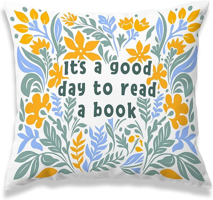 It's A Good Day to Read A Book Classroom Decorative Throw Pillow Covers, Floral Blue Reading Pillows Covers for Kids, Flower Pillow Cases Decor for Library Reading Nook Corner Couch 18x18in
