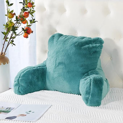 Plush Faux Fur Backrest Reading Bed Rest Pillow with Arms and Pockets for Sitting in Bed Couch Sofa, Back Support Wedge Cushion with Removable Cover, 20" x 18" x 17", Aqua