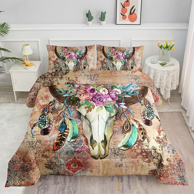 Kids Comforter Set Tribal Bull Head Printed Pattern Bedding Set with 1 Comforter and 2 Pillowcases for Girls Boys Bedroom All Season(Tribal Bull Head Queen)