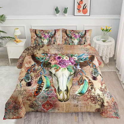 Kids Comforter Set Tribal Bull Head Printed Pattern Bedding Set with 1 Comforter and 2 Pillowcases for Girls Boys Bedroom All Season(Tribal Bull Head Twin)