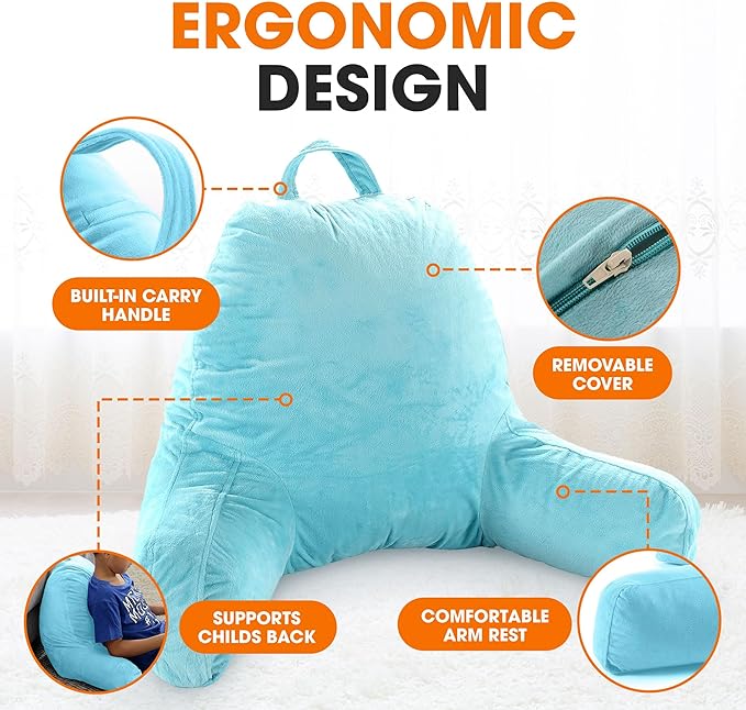 Cheer Collection Reading Pillow with Arms – Portable Bed Pillow for Sitting Up & Support, Hollow Fiber-Filled Back Rest Pillow for Sitting in Bed & Couch, Machine Washable, Sky Blue (Small)