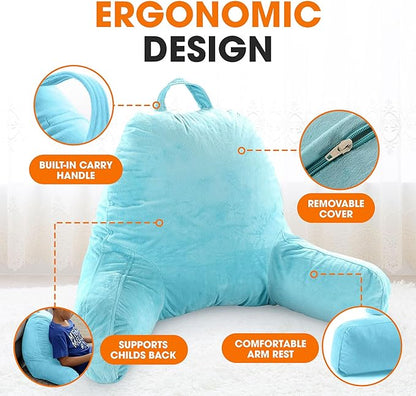 Cheer Collection Reading Pillow with Arms – Portable Bed Pillow for Sitting Up & Support, Hollow Fiber-Filled Back Rest Pillow for Sitting in Bed & Couch, Machine Washable, Sky Blue (Small)