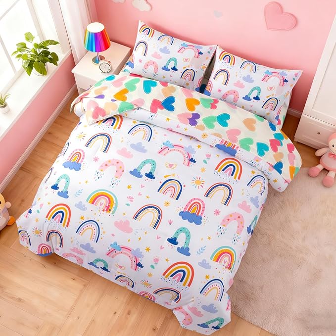 Holawakaka Boho Rainbow Twin Comforter Set with Sheets, 5-Piece Bohemian Love Heart Star Bedding Set for Girls & Women -Super Soft Microfiber Kids Teen-Girls Reversible Bed-in-a-Bag