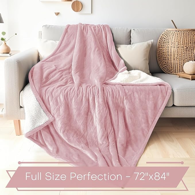 Electric Heated Blanket Twin Size 62"x84" - Flannel & Sherpa Fabric Dual-Sided, 6 Heat Settings & 10 Hours Auto Off, Soft & Cozy Warming Throw for Home, Office, or Bed, Machine Washable, Light Pink