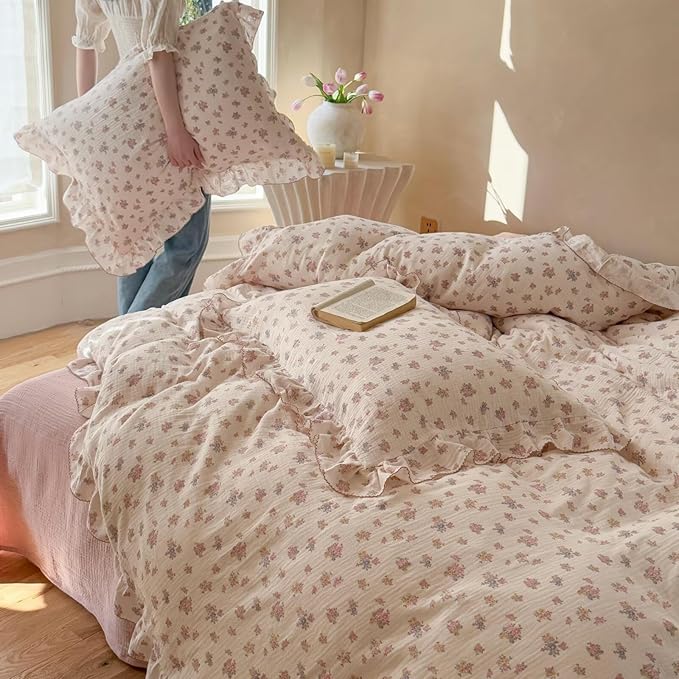 BuLuTu Girls Floral Duvet Cover Set Twin, Pink Tuberose Print Quilt Cover for Kids Toddler Teens, Soft Breathable Muslin Cotton Comforter Cover for All Seasons, Zipper & Corner Ties
