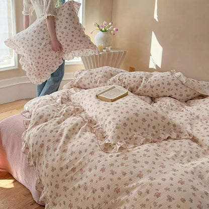 BuLuTu Girls Floral Duvet Cover Set Full, Pink Tuberose Print Quilt Cover for Kids Toddler Teens, Soft Breathable Muslin Cotton Comforter Cover for All Seasons, Zipper & Corner Ties