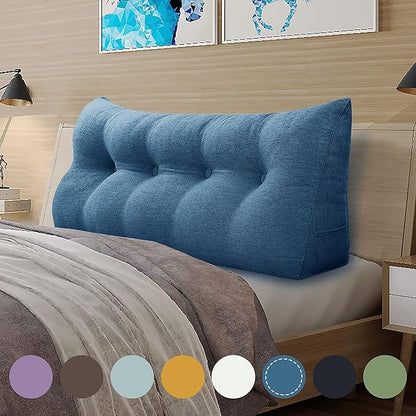 Wedge Headboard Pillow Dorm Room Reading Pillow Back Support for Sitting Up in Bed Bolster Lumbar Cushion Body Positioning Bedrest Cotton Linen 59in Blue Queen