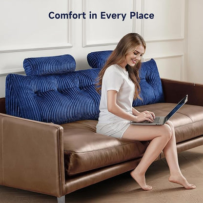 Z-hom King Size Wedge Headboard Pillow with 2 Roll Cushions, Large Reading Pillow for Bed Sitting Up, Triangular Backrest Cushion for Headboard, Supportive Pillow for Back Pain Relief, Blue