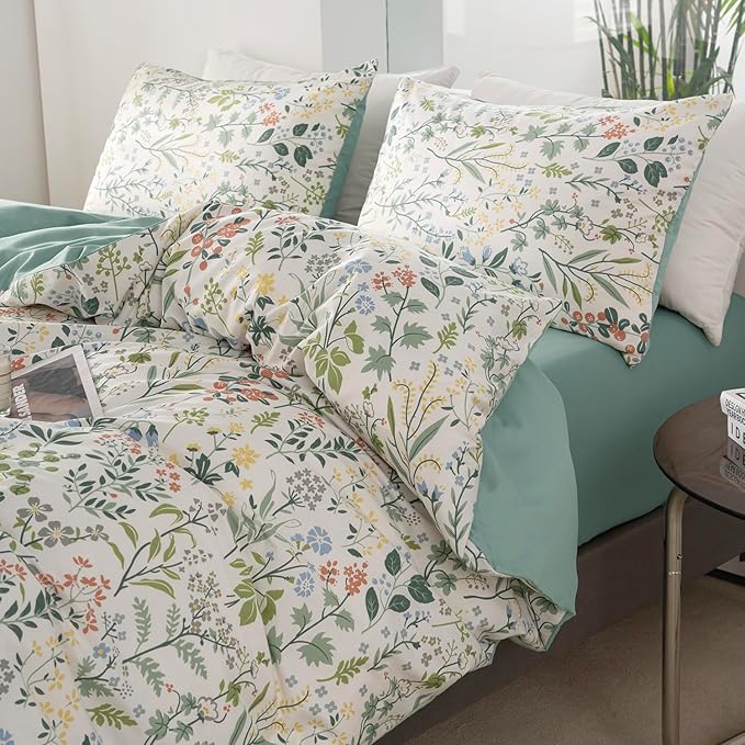 King Size Duvet Cover 100% Brushed Microfiber 3 Pieces Fresh Garden Green Wildflower Botanical Floral Pattern Printed Duvet Cover King with Zipper Closure
