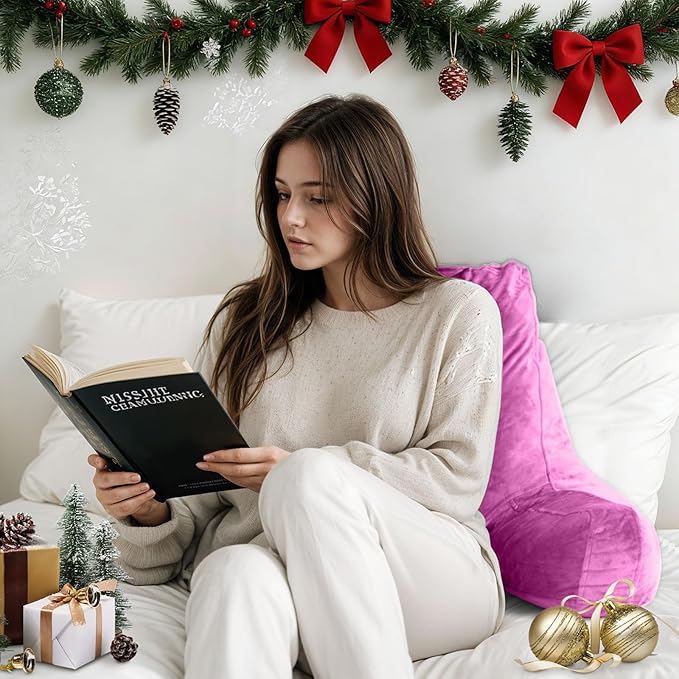 Reading Pillow for Sitting in Bed Adult, X-Large Reading Pillow with Shredded Memory Foam, Back Pillow for Sitting Up with Extend Arms, Pockets, Bed Pillow with Washable Cover, Rose Red